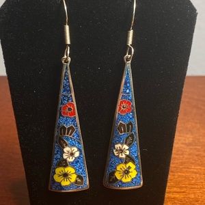 Floral Inlay Sterling Drop Earrings